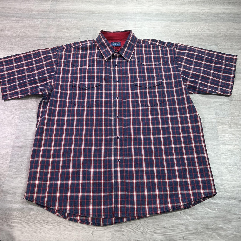 VINTAGE Wrangler Shirt Mens 2XL‎ Blue Red Plaid Brushpopper Western Pearl Snap